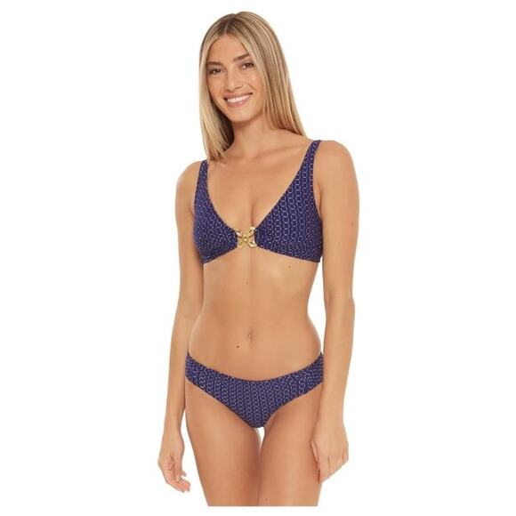 Trina Turk Adeline Metallic Over-The-Shoulder Halter Navy sz 10 - Picture 1 of 5